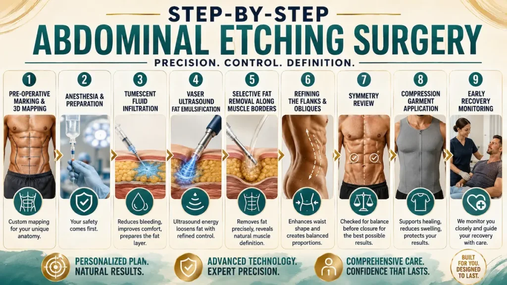 Step-by-step abdominal etching surgery process showing 3D mapping, VASER ultrasound, fat removal, compression, and recovery.