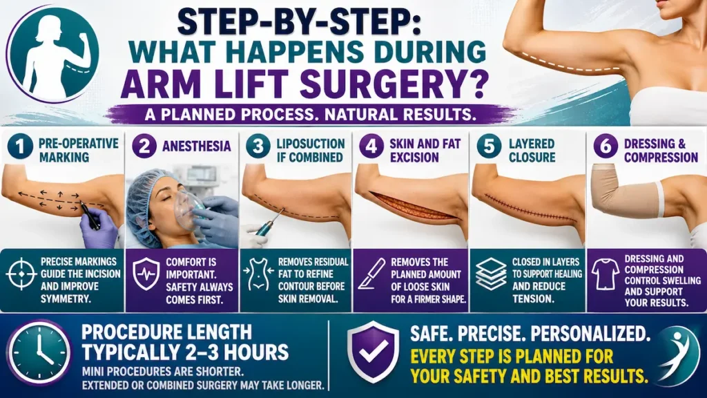 Arm lift surgery infographic showing pre-operative marking, anesthesia, liposuction, skin removal, closure, and compression.