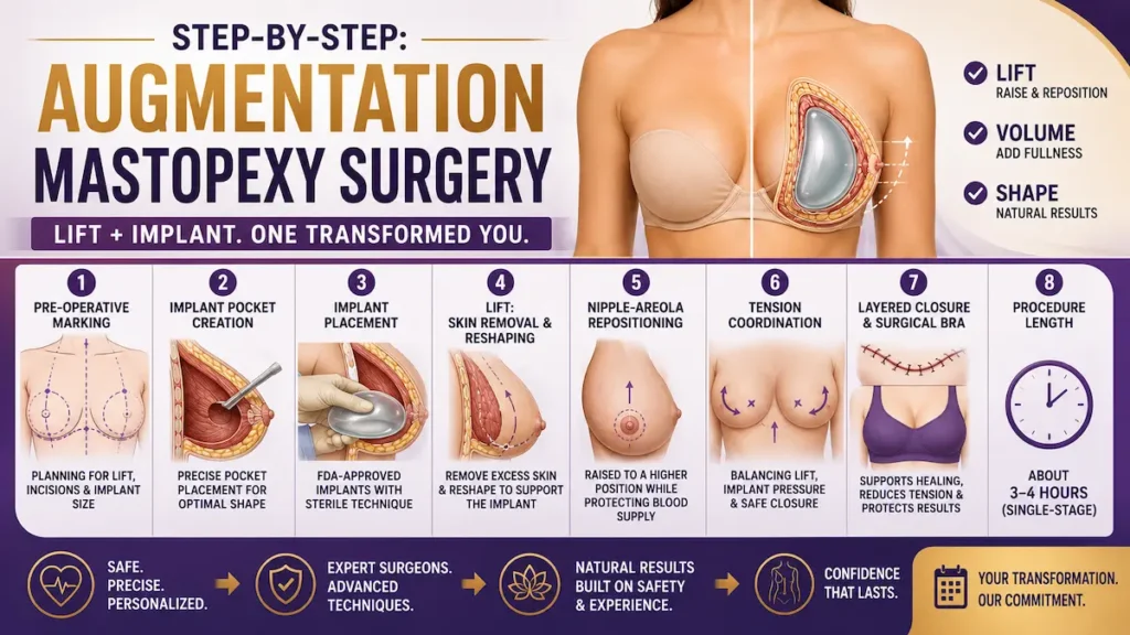 Step-by-Step: What Happens During Augmentation Mastopexy Surgery showing lift, implant placement, and nipple repositioning.