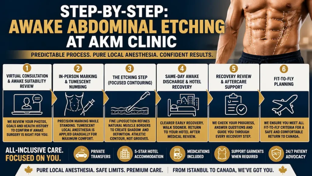Step-by-Step Awake Abdominal Etching infographic showing consultation, marking, pure local anesthesia, recovery review, and fit-to-fly planning.