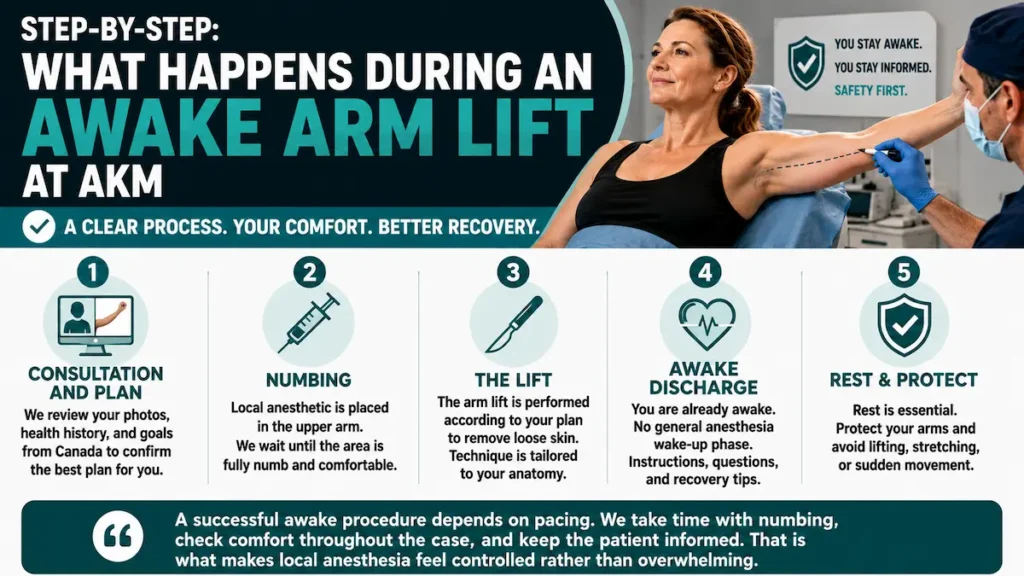 Step-by-Step Awake Arm Lift at AKM infographic showing consultation, numbing, lift, discharge, and recovery.