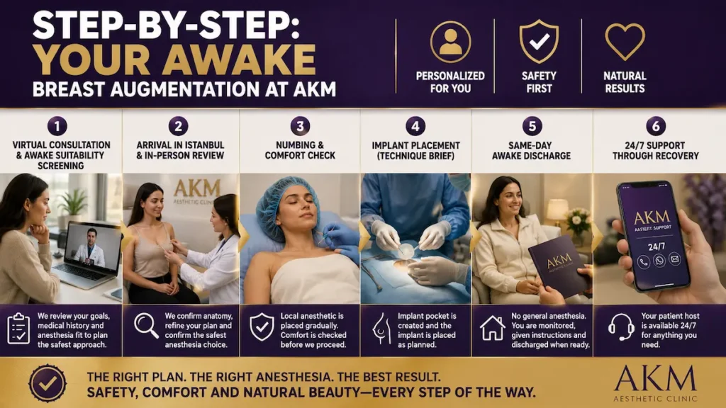 Awake Breast Augmentation step-by-step patient journey at AKM from virtual consultation to implant placement and recovery support.