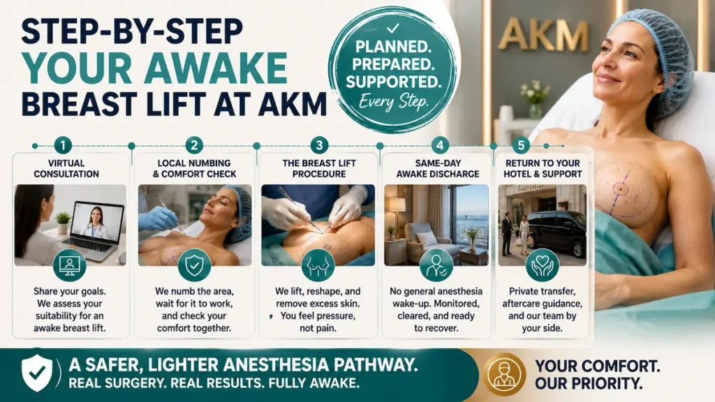 Awake breast lift at AKM step-by-step process showing virtual consultation, local numbing, surgery, same-day discharge and hotel support.
