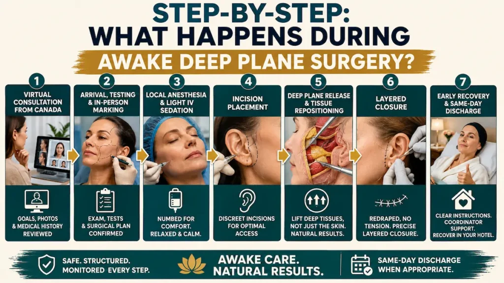 Awake deep plane facelift surgery process showing consultation, local anesthesia, incision placement, tissue repositioning, closure, and recovery.