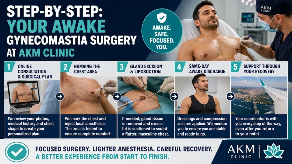 Awake gynecomastia surgery step-by-step process showing consultation, local anesthesia, gland excision and recovery.