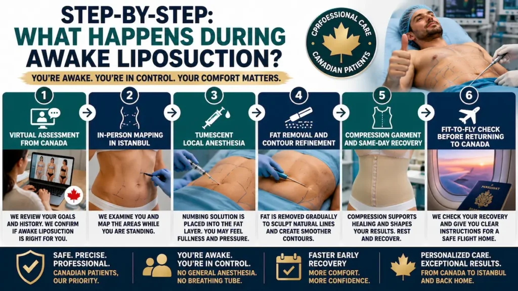 Step-by-Step Awake Liposuction infographic showing virtual assessment, in-person mapping, tumescent local anesthesia, fat removal, compression garment, and fit-to-fly check for Canadian patients.