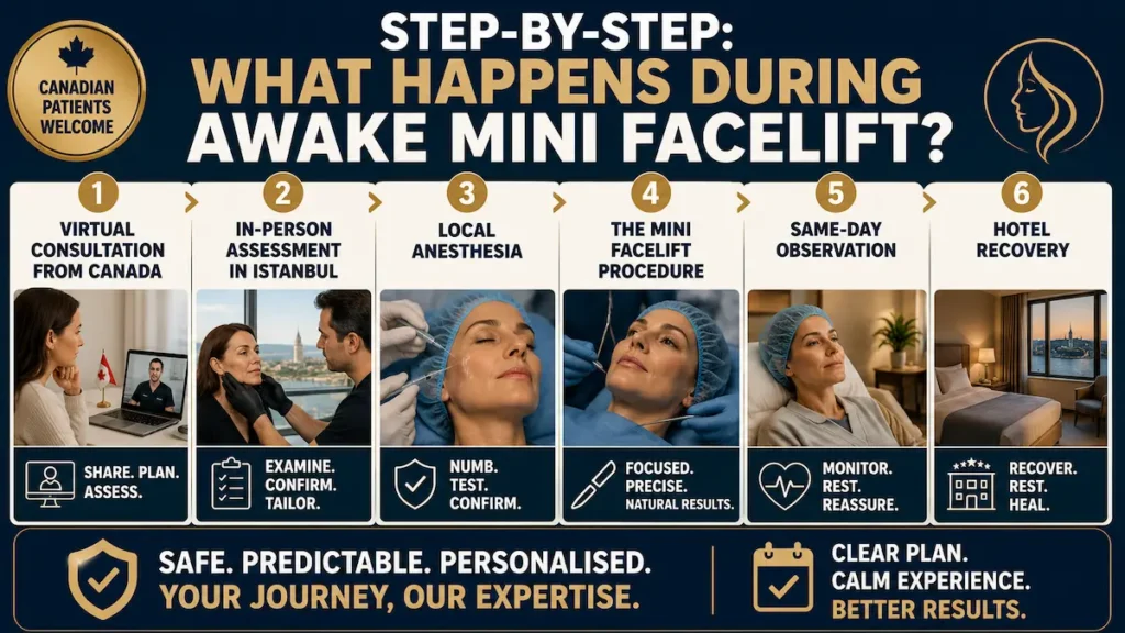 Step-by-Step Awake Mini Facelift process showing consultation from Canada, local anesthesia, procedure, observation, and hotel recovery.