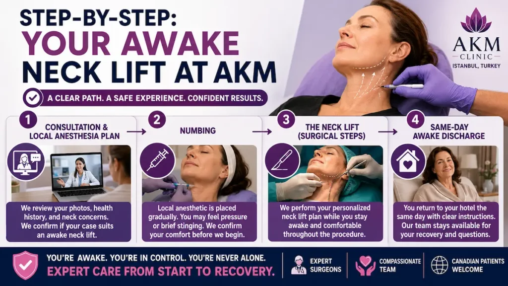 Awake neck lift step-by-step process at AKM Clinic showing consultation, local anesthesia, surgical neck lift planning, and same-day awake discharge.