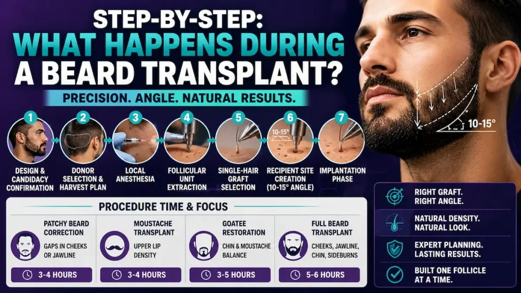 Beard transplant procedure infographic showing donor selection, local anesthesia, FUE extraction, single-hair graft selection and 10-15 degree implantation angle