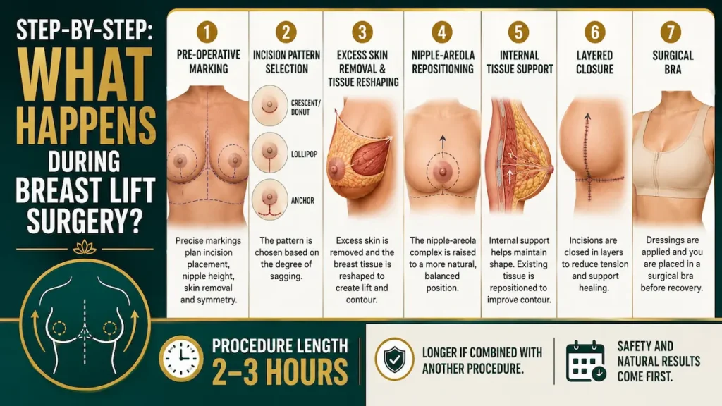 Step-by-step breast lift surgery graphic showing marking, incision choice, skin removal, nipple repositioning, closure, and surgical bra.