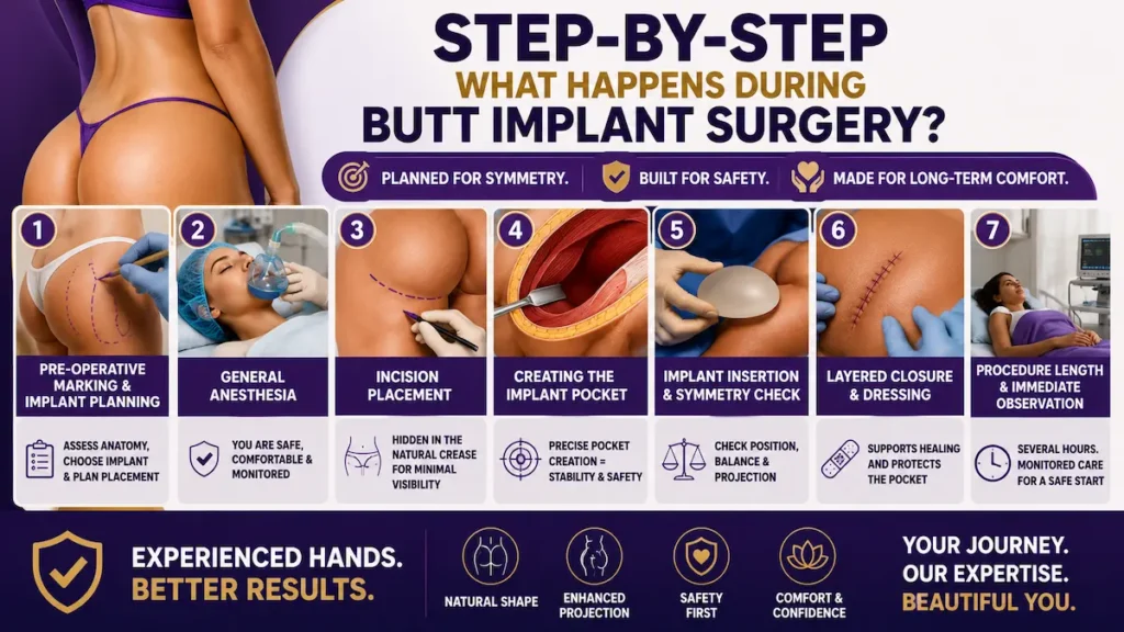 Butt implant surgery infographic showing pre-operative marking, general anesthesia, implant pocket creation and recovery monitoring