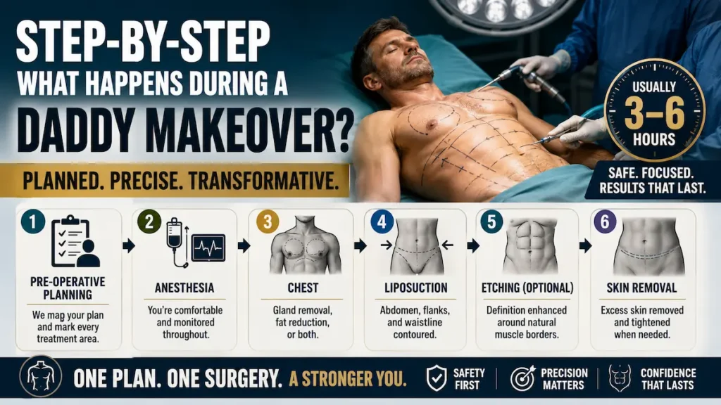 Daddy Makeover surgery process showing pre-operative planning, anesthesia, chest contouring, liposuction, etching, and skin removal.