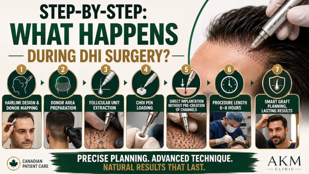 DHI hair transplant surgery process showing hairline design, donor preparation, graft extraction, Choi Pen loading, and direct implantation.