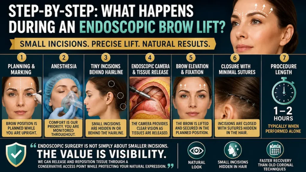 Endoscopic brow lift procedure showing planning, anesthesia, small hairline incisions, camera-guided tissue release, brow elevation, and closure.