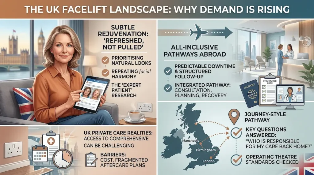 Flying to Turkey for Facelift infographic showing UK facelift demand rising, expert patient research, and structured pathways abroad.