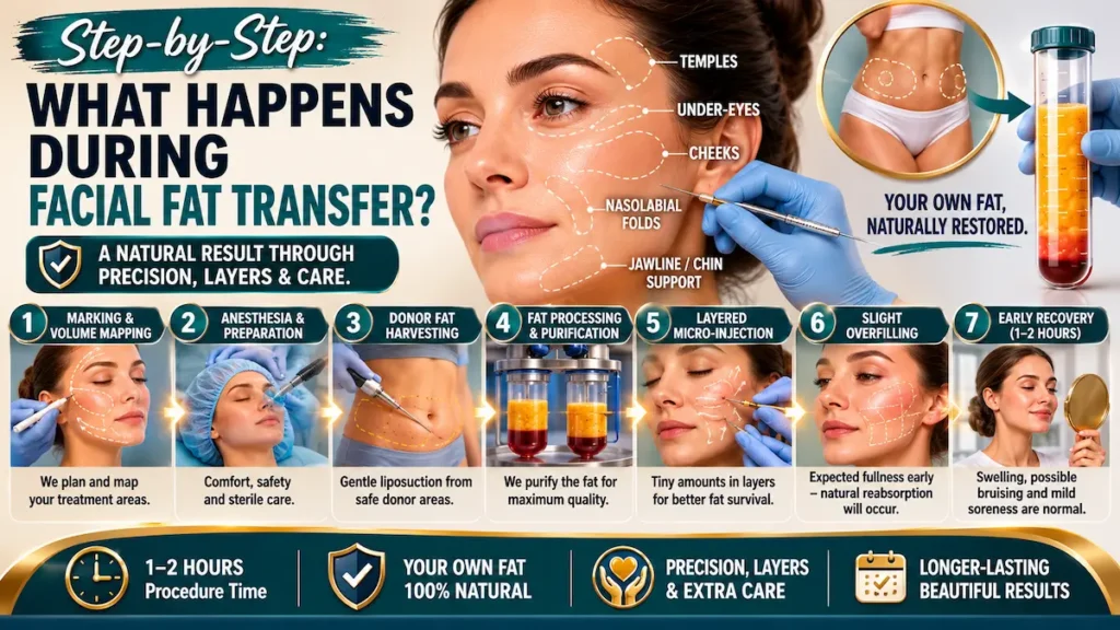 Facial fat transfer step-by-step infographic showing donor fat harvesting, purification, micro-injection, and early recovery.