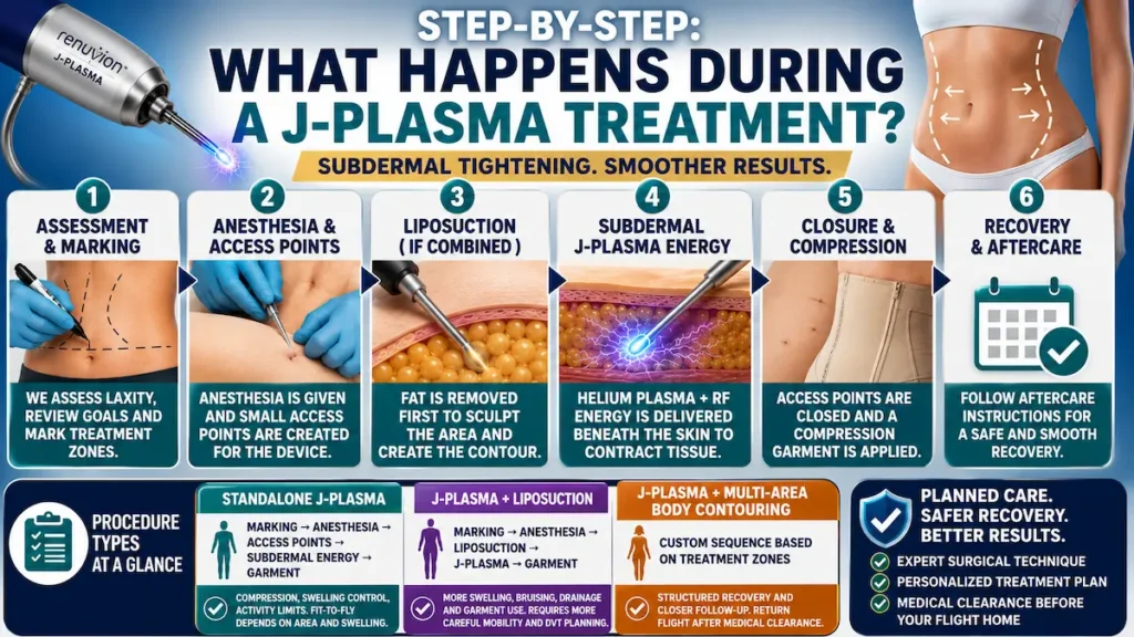 J-Plasma treatment infographic showing assessment, anesthesia, liposuction, subdermal energy, compression, and recovery steps.