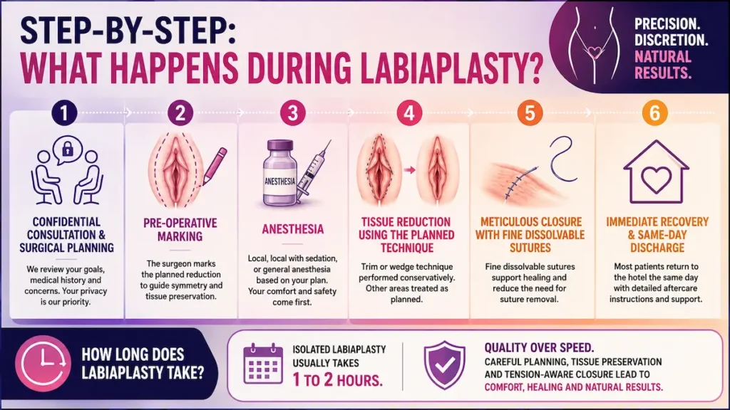 Labiaplasty procedure infographic showing consultation, pre-operative marking, anesthesia, tissue reduction, sutures, and same-day recovery.
