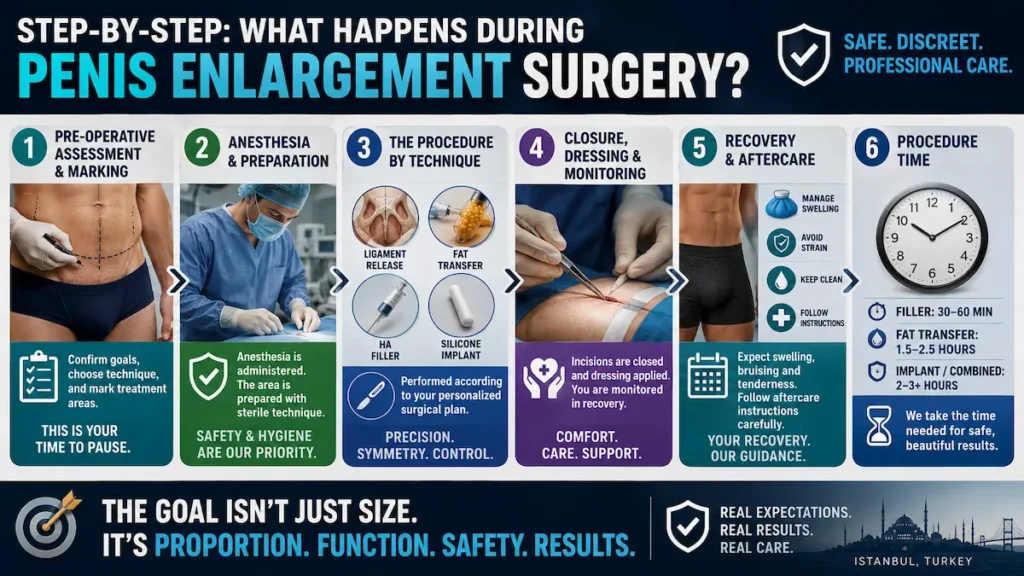 Penis enlargement surgery infographic showing assessment, anesthesia, technique, closure, recovery, and procedure time.