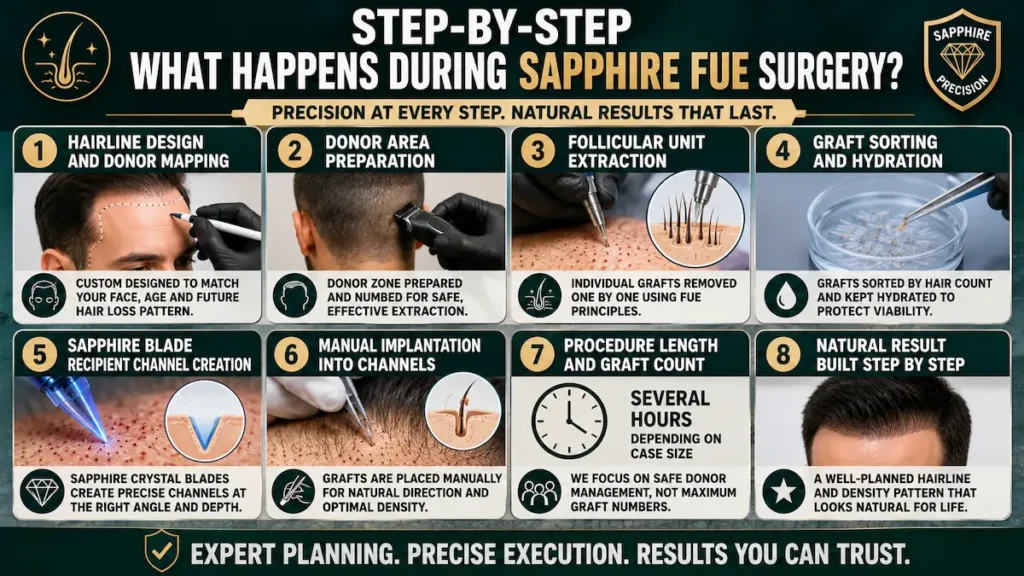 Sapphire FUE hair transplant surgery infographic showing hairline design, donor preparation, graft extraction, sapphire channel creation, and implantation.