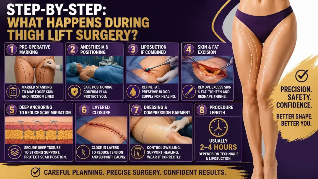 Thigh lift surgery infographic showing marking, anesthesia, liposuction, skin excision, closure and compression garment.