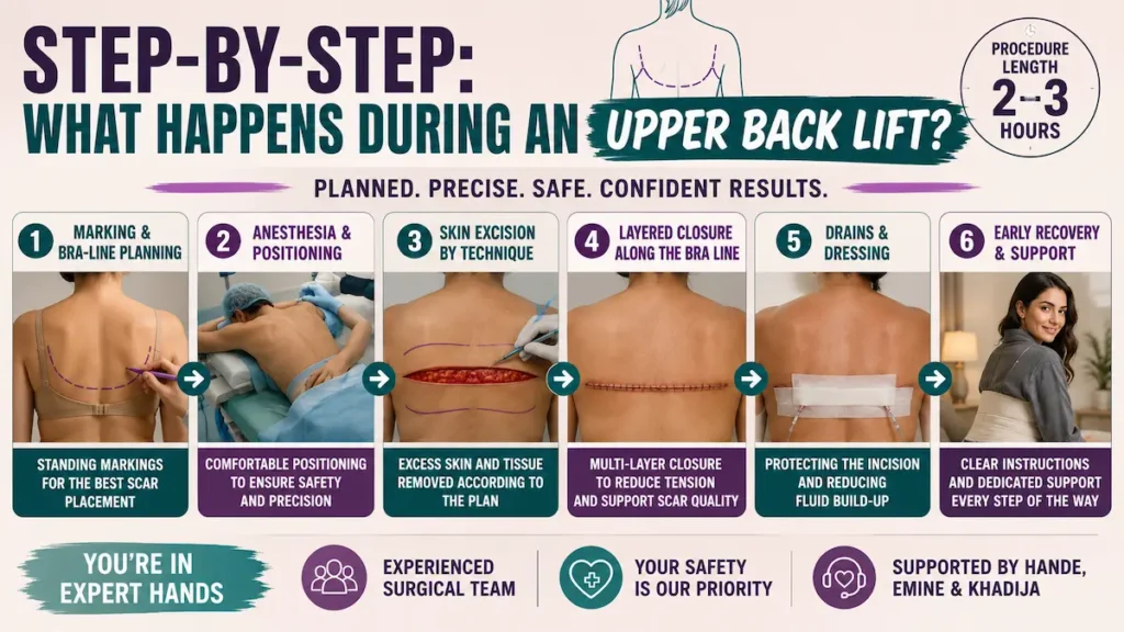 Step-by-step upper back lift infographic showing marking, anesthesia, skin excision, layered closure, drains and early recovery