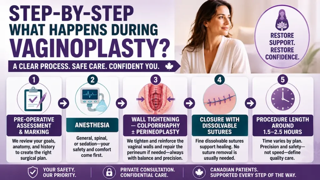 Vaginoplasty in Turkey step-by-step infographic showing pre-operative assessment, anesthesia, colporrhaphy, perineoplasty, dissolvable sutures, and procedure length.