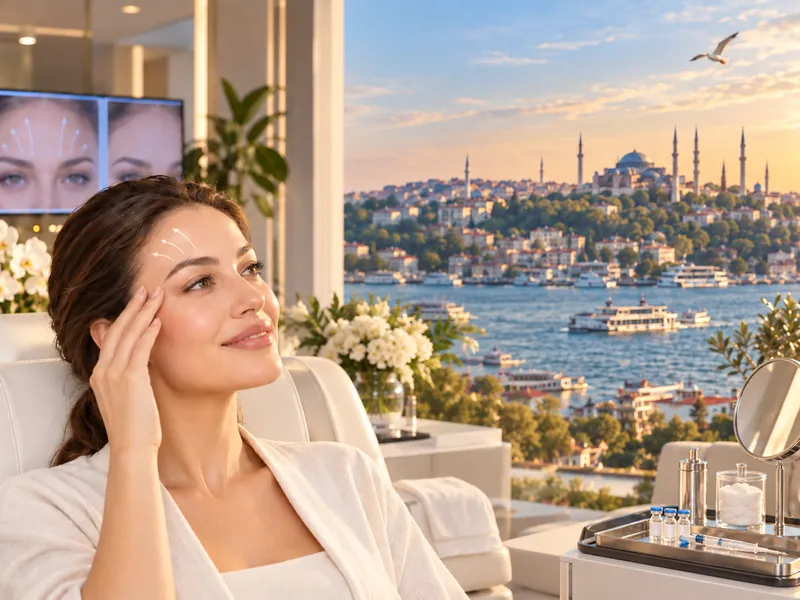 Symbolbild zum Stirnlifting ohne Vollnarkose: Frau mit Pfeilen über den Brauen vor einem Istanbul-Panorama.