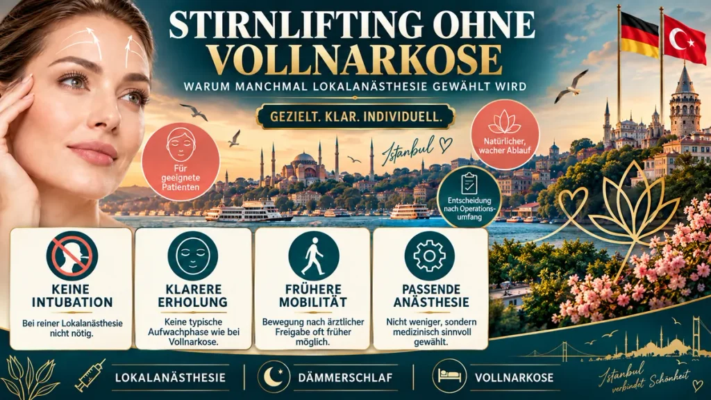 Stirnlifting ohne Vollnarkose: Infografik zu Lokalanästhesie ohne Intubation, Erholung und möglicher früherer Mobilität.