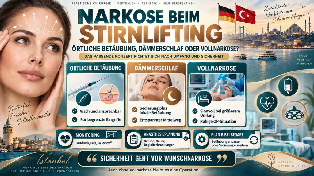 Stirnlifting ohne Vollnarkose: Vergleich von örtlicher Betäubung, Dämmerschlaf und Vollnarkose mit Monitoring und Anästhesieplanung.