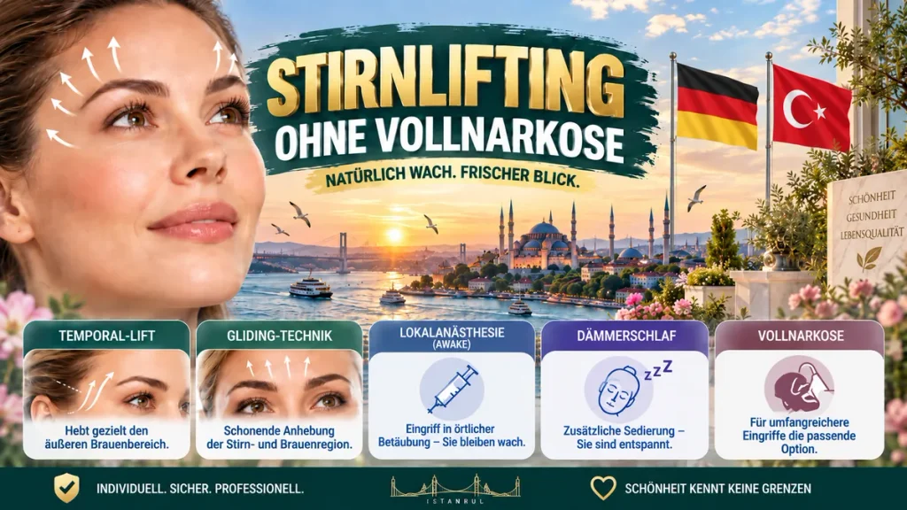 Stirnlifting ohne Vollnarkose: Grafik mit Brauenanhebung, Temporal-Lift, Gliding-Technik und drei Anästhesieformen.
