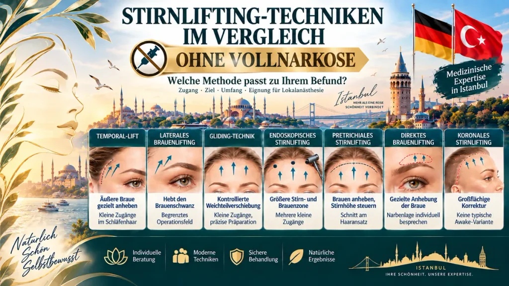 Stirnlifting ohne Vollnarkose: Vergleich von Temporal-Lift, Gliding-Technik und weiteren Operationstechniken beim Stirnlifting.