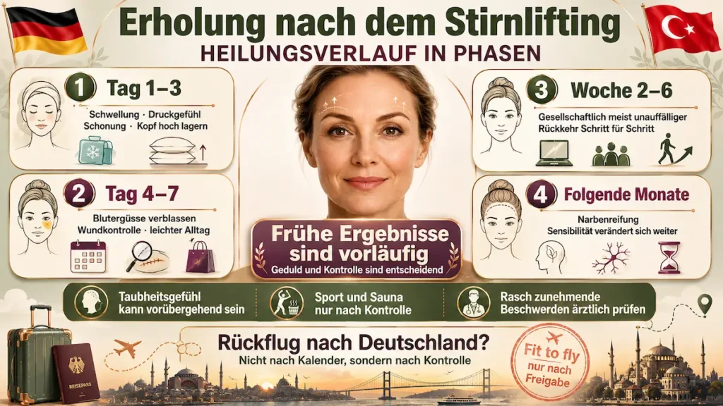 Stirnlifting Türkei: Heilungsverlauf mit Schwellung, Wundkontrolle, Taubheitsgefühl, Narbenreifung und Rückflug nach Deutschland