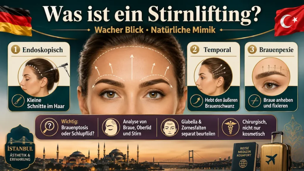 Stirnlifting Türkei: Grafik zu endoskopischem Stirnlifting, Temporal-Lift und Brauenpexie für abgesunkene Augenbrauen