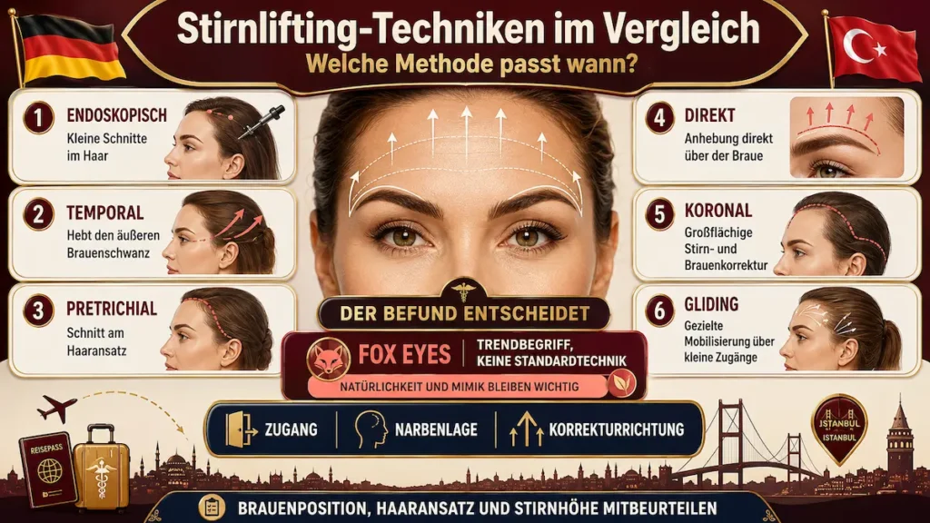 Endoskopisches Stirnlifting Türkei: Vergleich von endoskopischem, temporalem, pretrichialem, direktem, koronalem und Gliding-Lifting