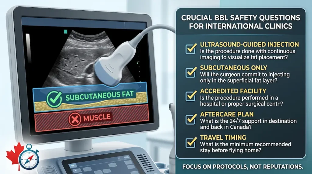 Diagram explaining is BBL safe with ultrasound guided checks for subcutaneous fat placement and clinic protocol questions.