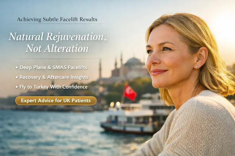 Cover image showing subtle facelift results message beside a woman on Istanbul waterfront with Hagia Sophia in the background.
