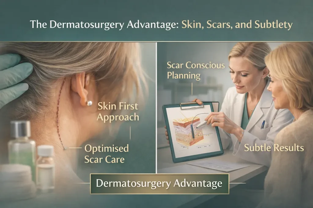 Dermatosurgery visual showing a skin-first approach and optimised scar care to support natural Facelift Results.