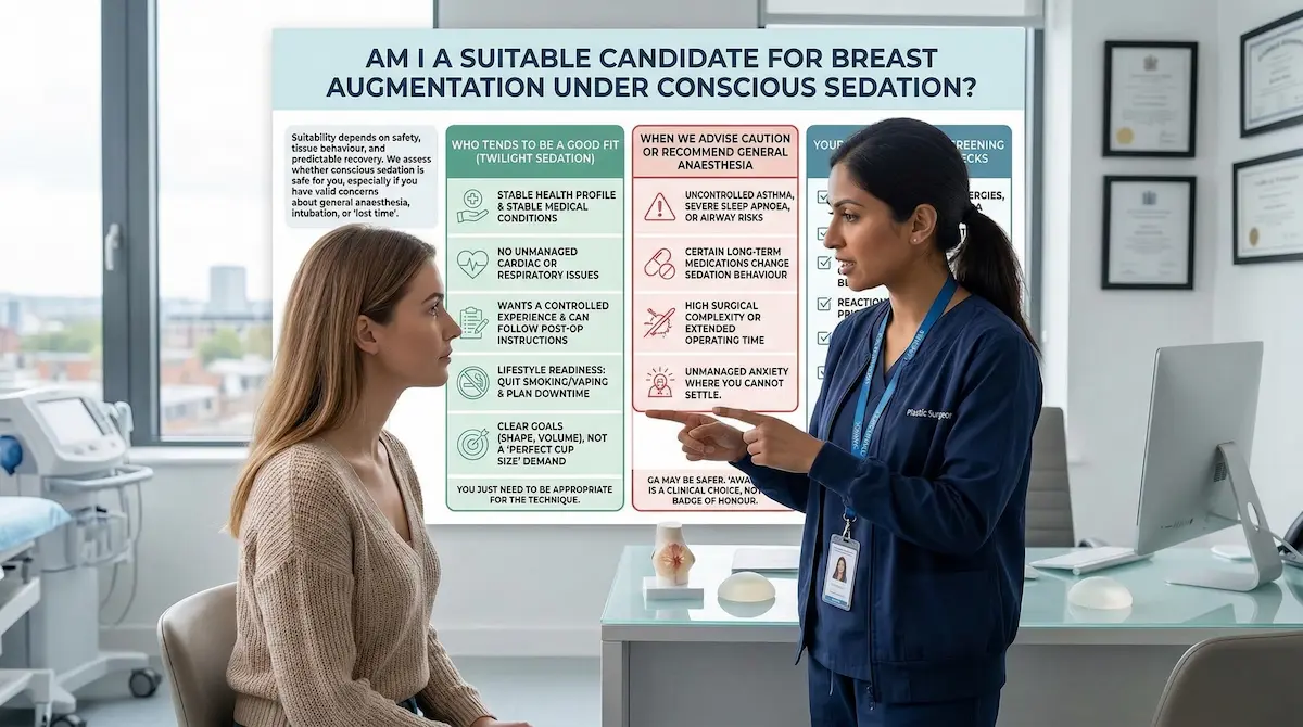 Surgeon consulting a patient beside a suitability infographic for breast augmentation under conscious sedation (twilight sedation), showing good-fit and caution criteria.