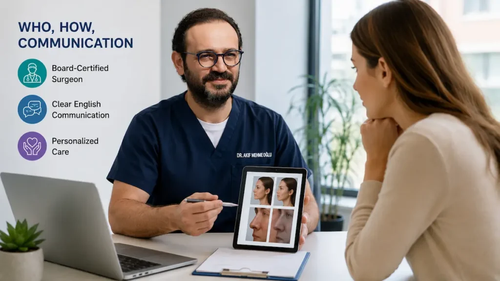 Doctor consultation showing how to verify surgeon credentials in Turkey and clear communication for Turkey plastic surgery myths.