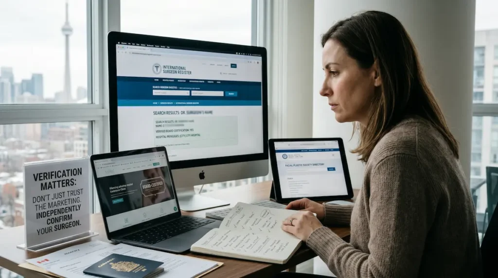 Canadian patient reviewing online surgeon registries and hospital records to verify surgeon credentials Turkey before cosmetic surgery travel.