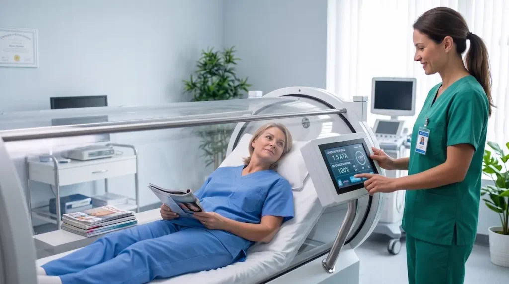 Patient receiving HBOT in a clinical chamber while a nurse monitors treatment, showing hyperbaric oxygen therapy benefits for surgical recovery.
