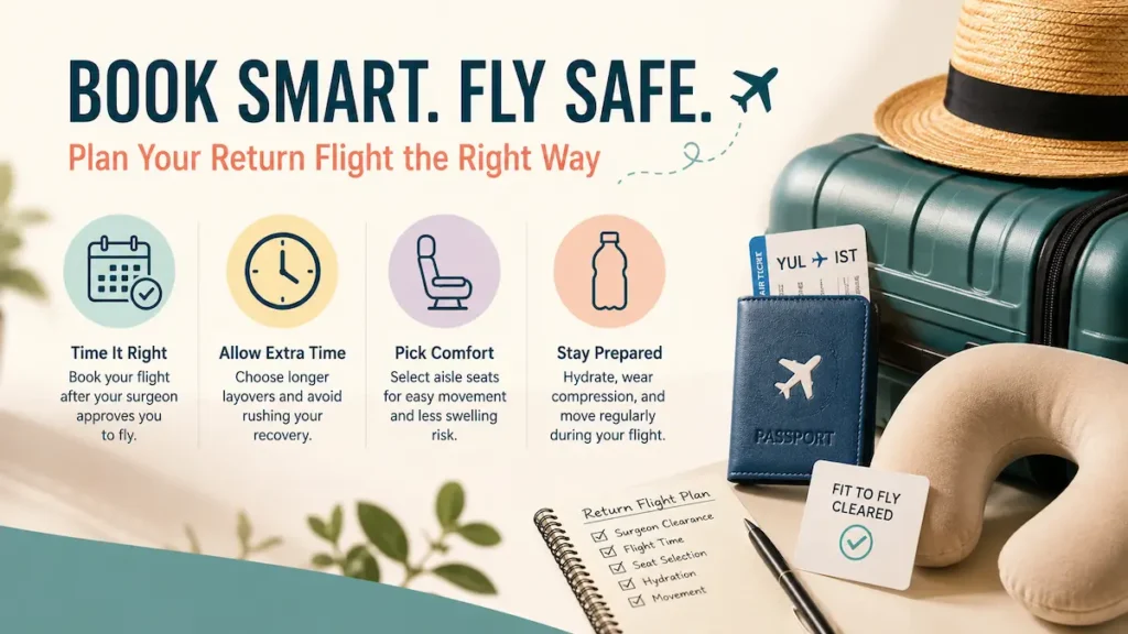 Flight safety after surgery infographic showing Canadian patients how to book a safer return flight with buffer days, aisle seating, hydration, and fit-to-fly clearance.