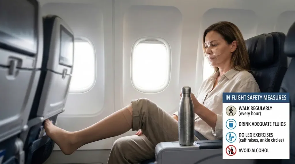 Fly after facelift DVT safety image showing in-flight walking, hydration, leg exercises, and alcohol avoidance for clot prevention.