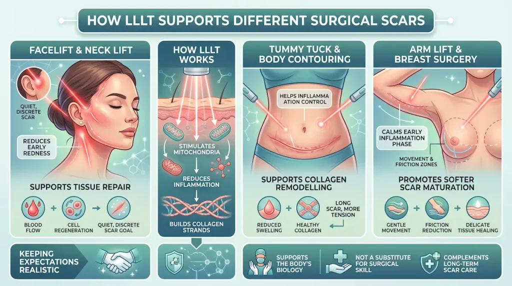Minimize scars LLLT laser infographic showing light therapy support for facelift, tummy tuck, arm lift, and breast surgery scars.
