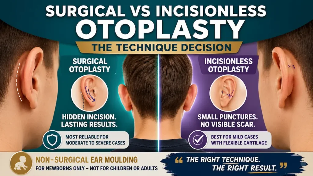 Surgical vs incisionless otoplasty infographic comparing ear pinning techniques and scar placement