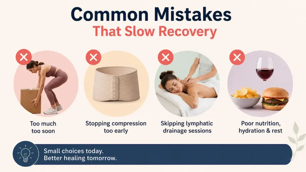 Tummy tuck recovery tips infographic showing common mistakes that slow healing, including overactivity, stopping compression early, skipping lymphatic drainage, and poor nutrition.