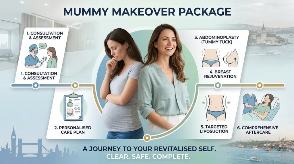 Diagram showing what UK patients can expect in a mummy makeover package, from consultation and a personalised plan to tummy tuck, breast surgery, liposuction and aftercare.