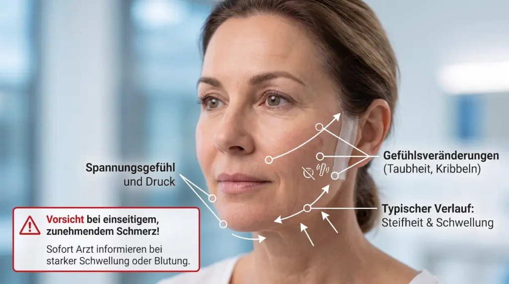Schmerzen nach Facelift: Grafik zeigt Spannungsgefühl, Druck, Taubheit, Kribbeln und Warnzeichen bei einseitig zunehmenden Beschwerden.