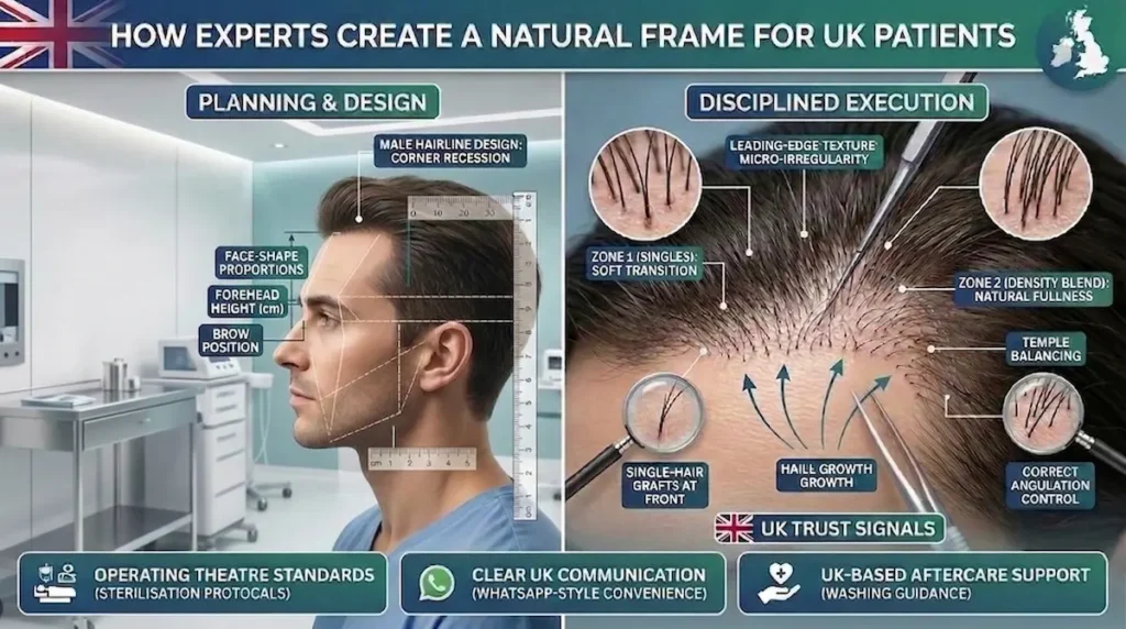 Hairline design infographic for UK patients showing surgeon led planning, cm measurements, density zones, temple blending, and correct angulation.